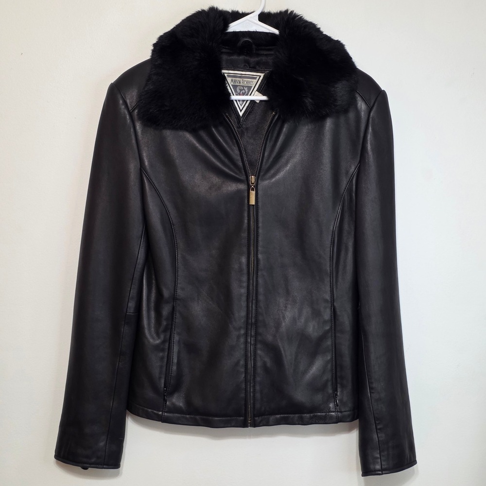 Marvin Richards Leather Jacket Women S Black Rabbit Fur Trim MR6ML024 Vintage
